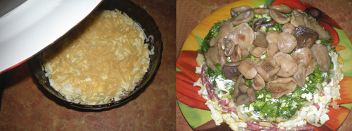 Перед тем как подавать на стол, вынимаем наш салат с копченой колбасой и грибами  из холодильника